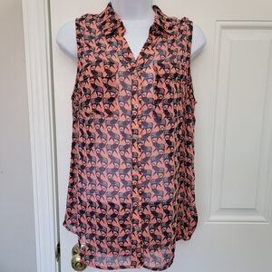 GAP Womens Top Blouse Sleeveless Button Down Elephant Print Coral Blue Medium